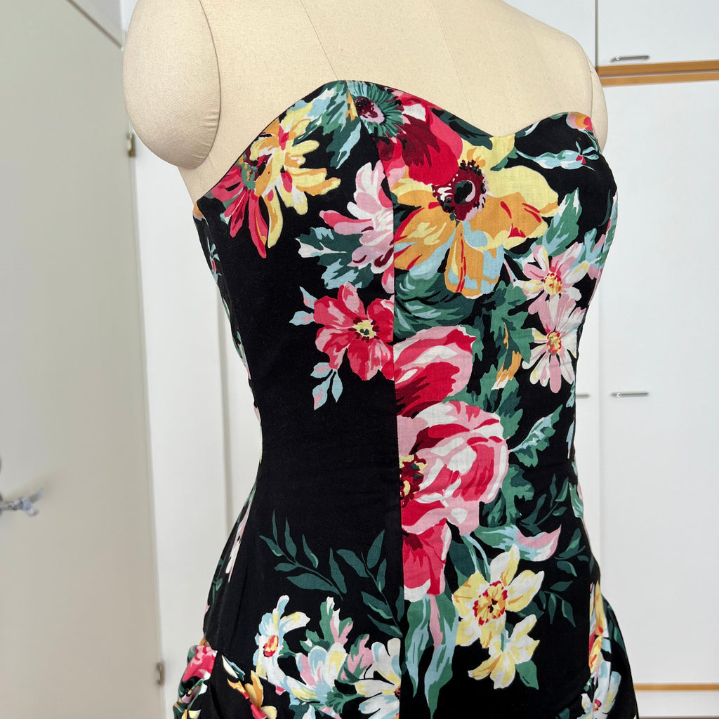 1980s Cotton Floral Corset Party Dress-Sweetheart Strapless Drop Waist Dress