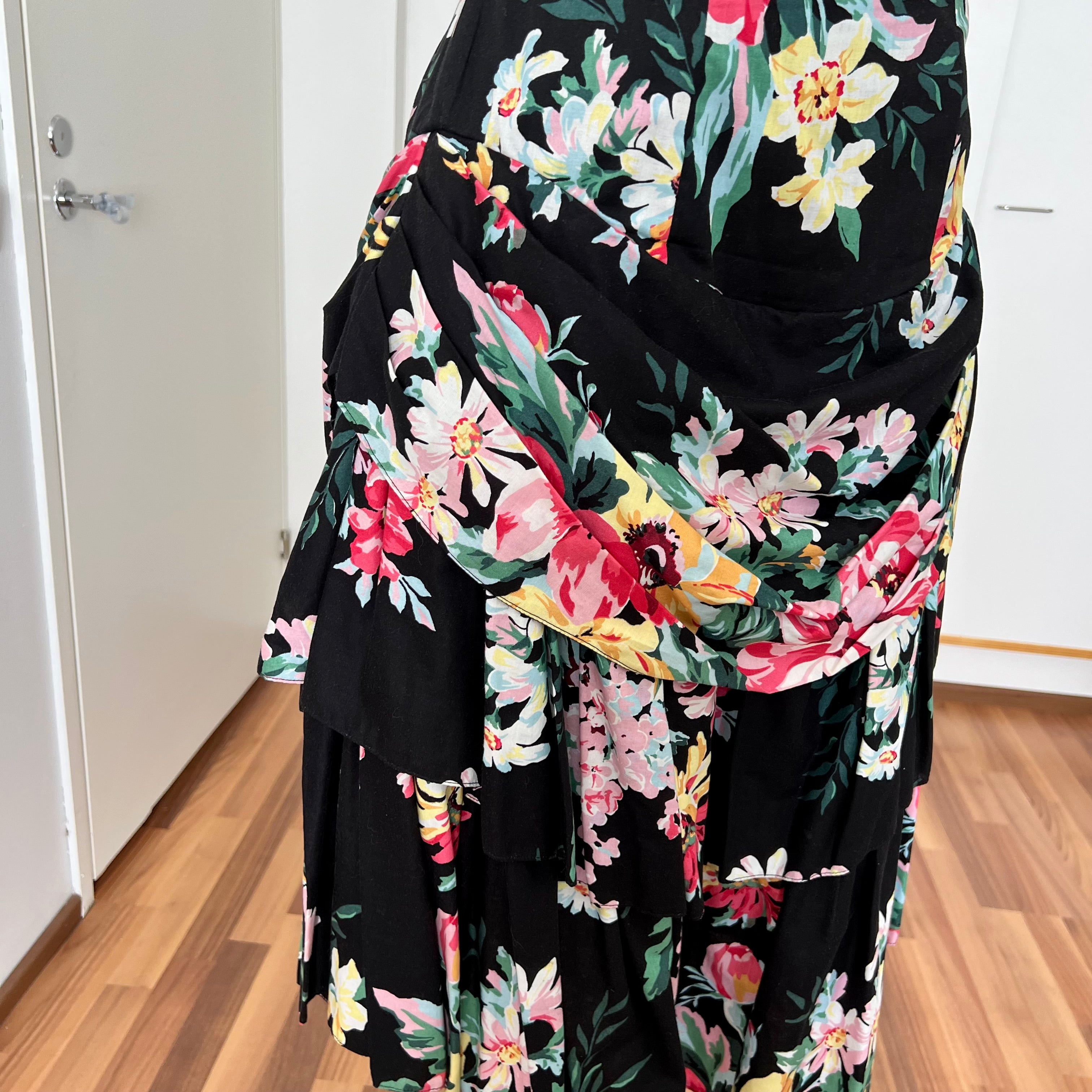 1980s Cotton Floral Corset Party Dress-Sweetheart Strapless Drop Waist Dress