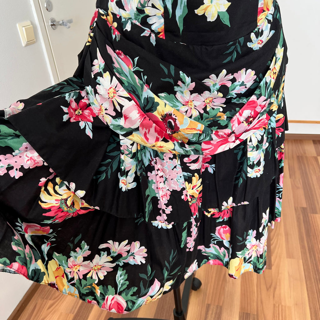 1980s Cotton Floral Corset Party Dress-Sweetheart Strapless Drop Waist Dress