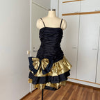 1980s YESSICA Ruffle Prom Party Dress-Spaghetti Straps Ruched Metallic Gown