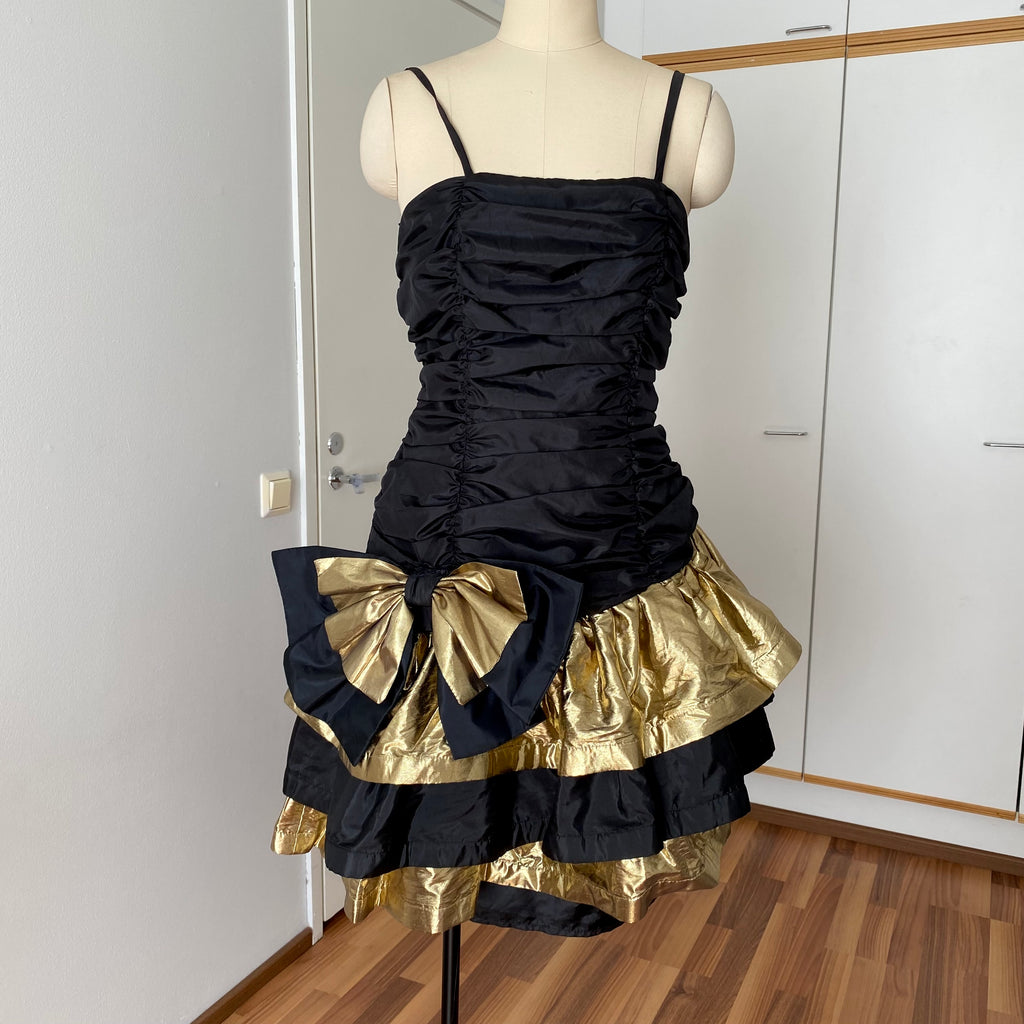 1980s YESSICA Ruffle Prom Party Dress-Spaghetti Straps Ruched Metallic Gown