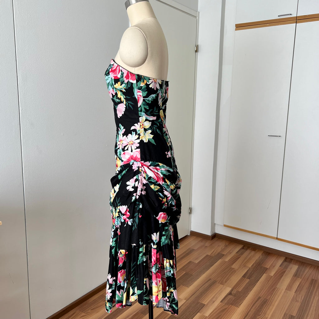 1980s Cotton Floral Corset Party Dress-Sweetheart Strapless Drop Waist Dress