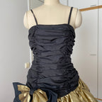 1980s YESSICA Ruffle Prom Party Dress-Spaghetti Straps Ruched Metallic Gown