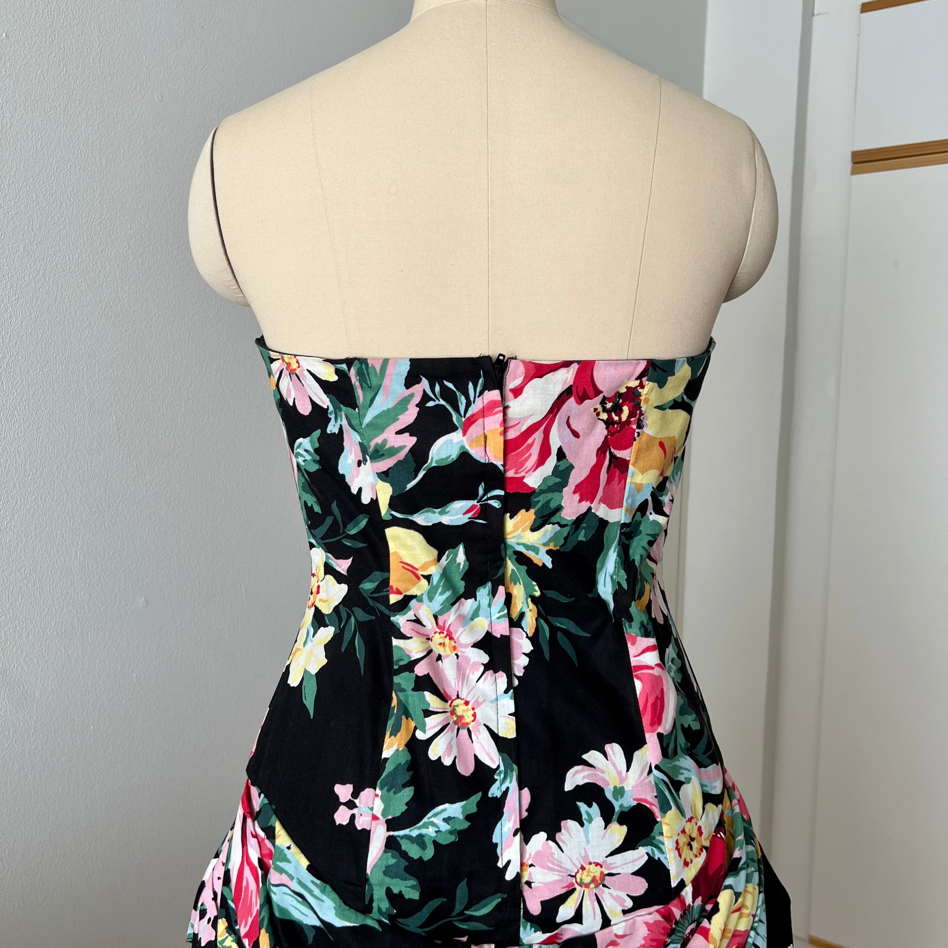 1980s Cotton Floral Corset Party Dress-Sweetheart Strapless Drop Waist Dress
