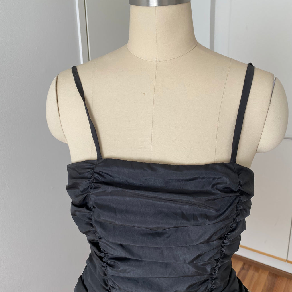 1980s YESSICA Ruffle Prom Party Dress-Spaghetti Straps Ruched Metallic Gown