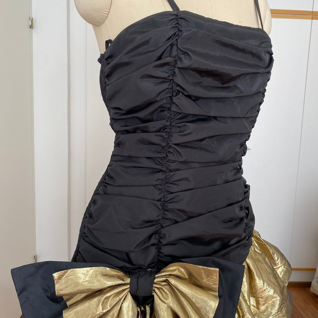 1980s YESSICA Ruffle Prom Party Dress-Spaghetti Straps Ruched Metallic Gown