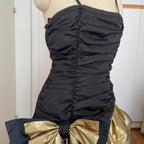 1980s YESSICA Ruffle Prom Party Dress-Spaghetti Straps Ruched Metallic Gown