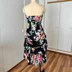 1980s Cotton Floral Corset Party Dress-Sweetheart Strapless Drop Waist Dress