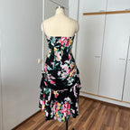 1980s Cotton Floral Corset Party Dress-Sweetheart Strapless Drop Waist Dress