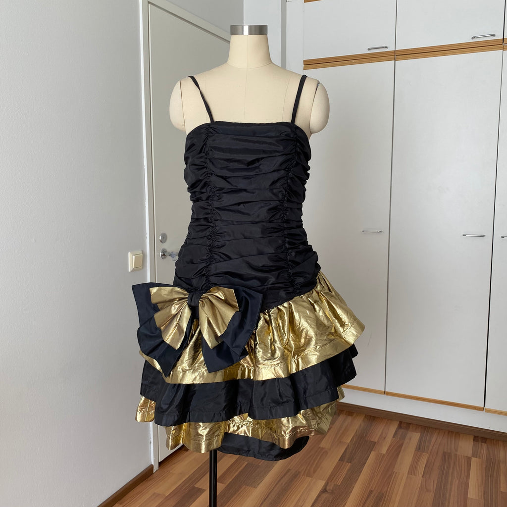1980s YESSICA Ruffle Prom Party Dress-Spaghetti Straps Ruched Metallic Gown