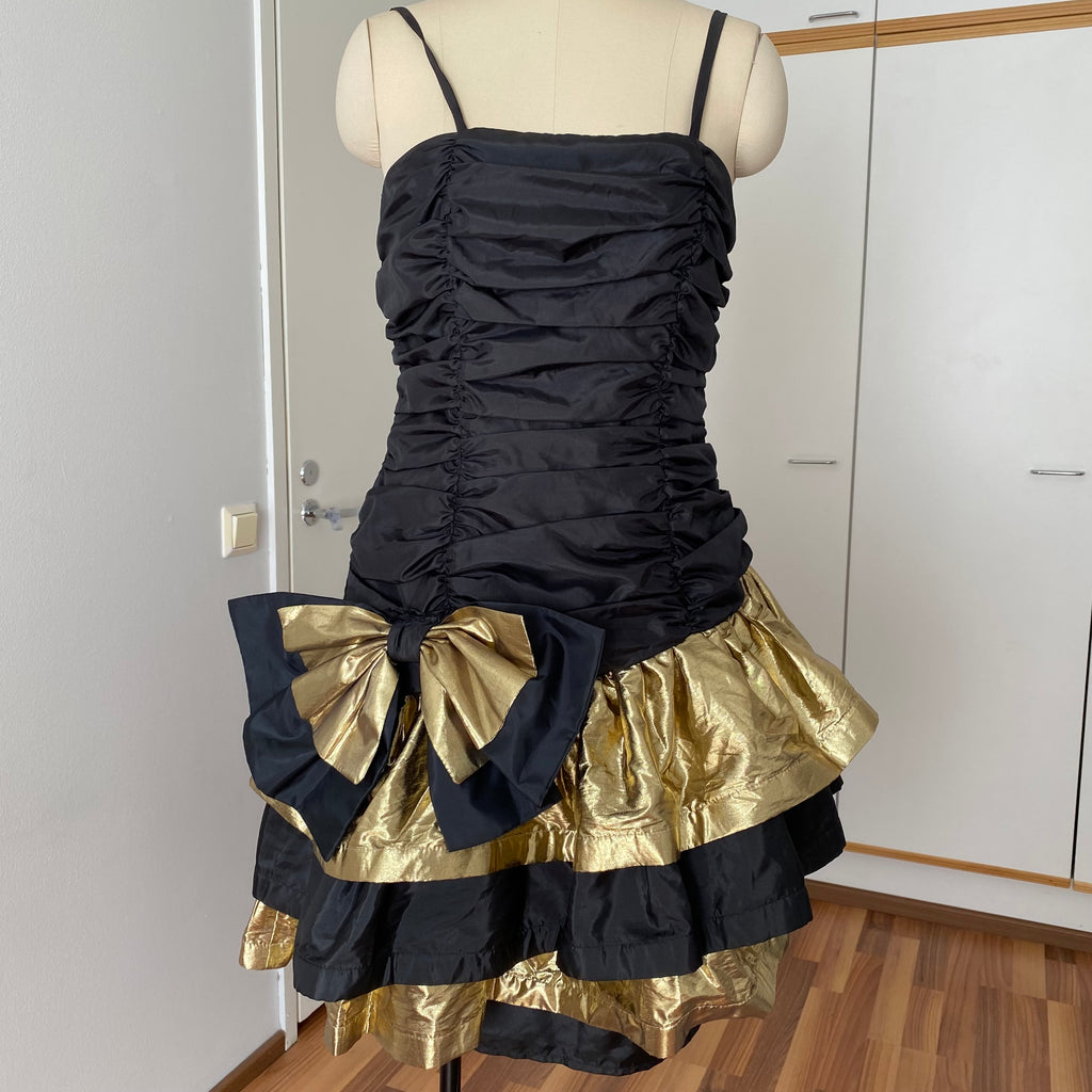 1980s YESSICA Ruffle Prom Party Dress-Spaghetti Straps Ruched Metallic Gown