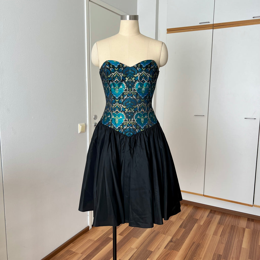 1980s Brocade Cocktail Party Dress-Metallic Teal Damask Strapless Cocktail Gown
