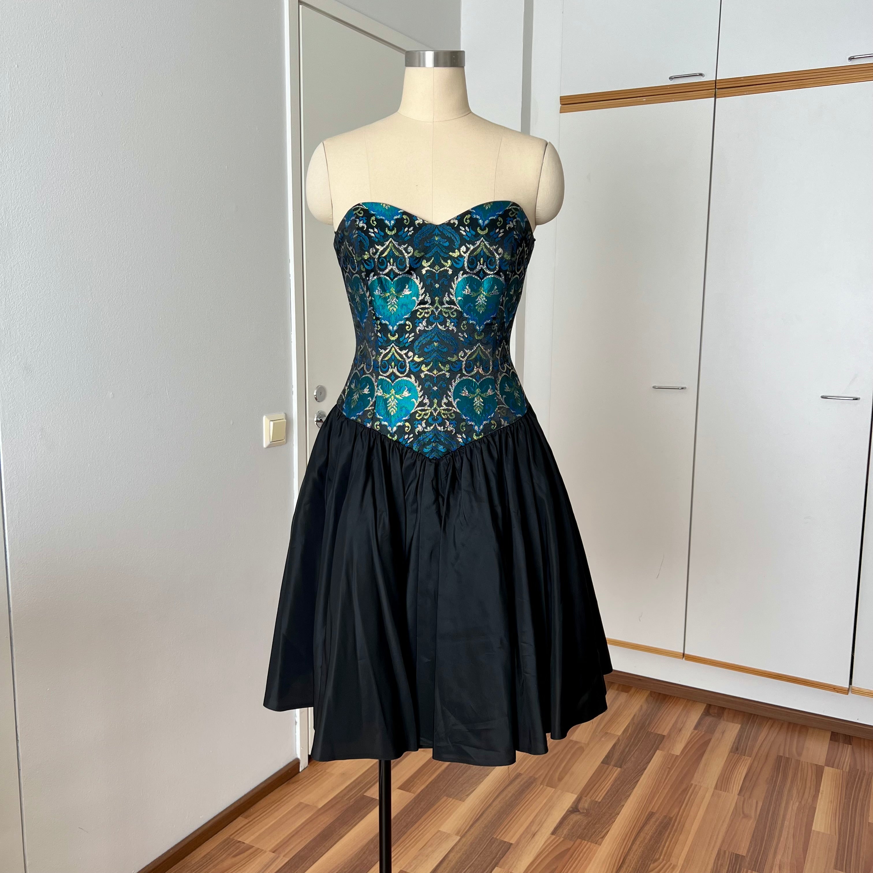 1980s Brocade Cocktail Party Dress-Metallic Teal Damask Strapless Cocktail Gown