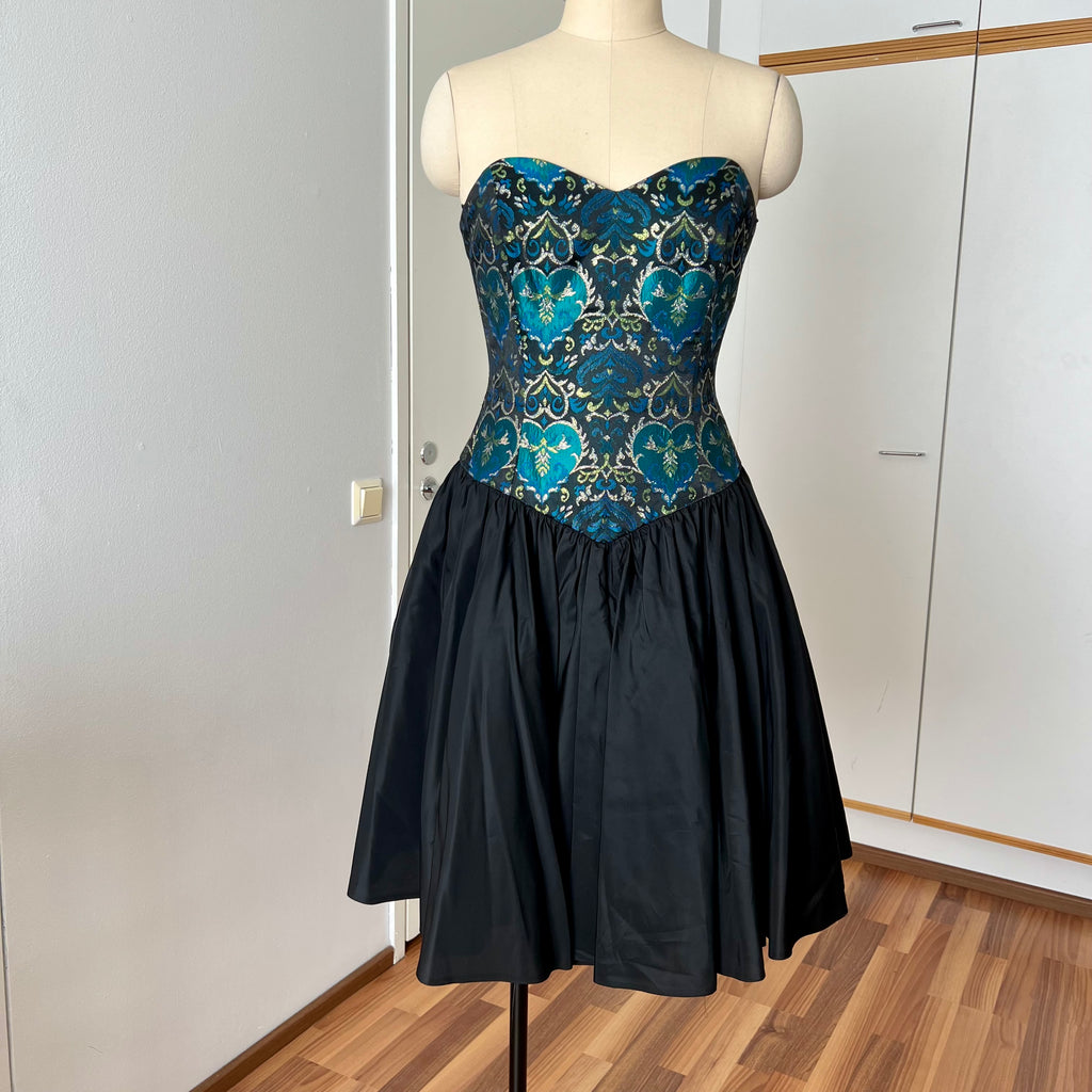 1980s Brocade Cocktail Party Dress-Metallic Teal Damask Strapless Cocktail Gown