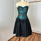 1980s Brocade Cocktail Party Dress-Metallic Teal Damask Strapless Cocktail Gown