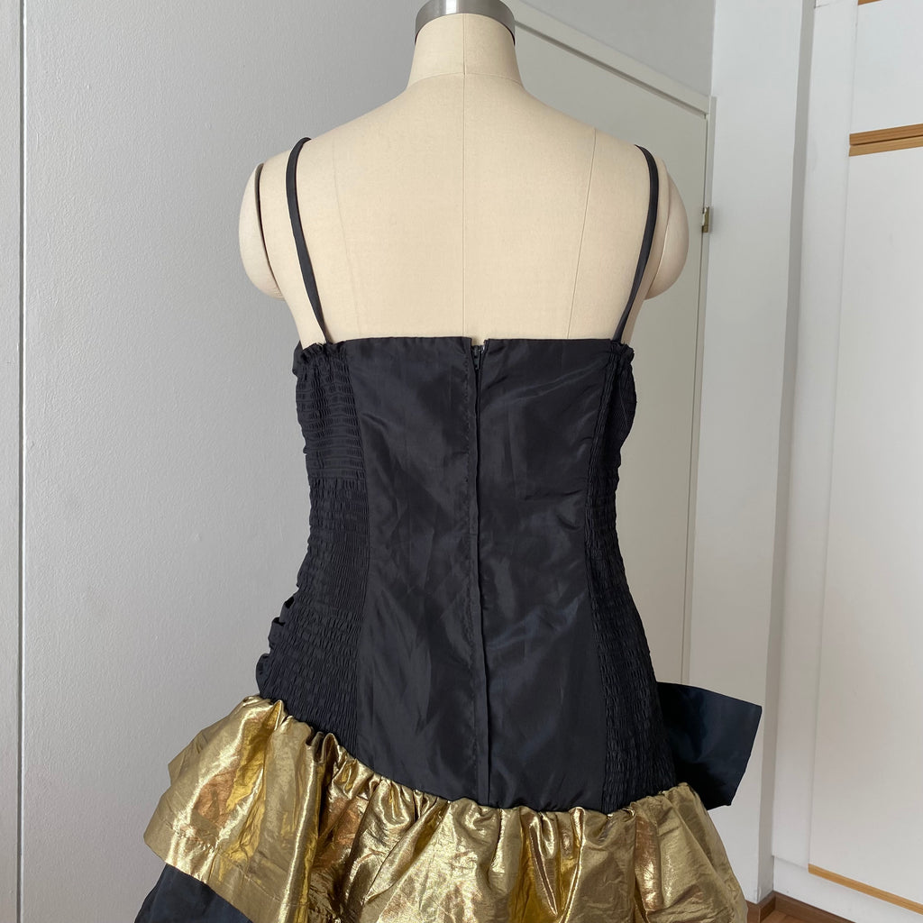 1980s YESSICA Ruffle Prom Party Dress-Spaghetti Straps Ruched Metallic Gown