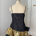 1980s YESSICA Ruffle Prom Party Dress-Spaghetti Straps Ruched Metallic Gown