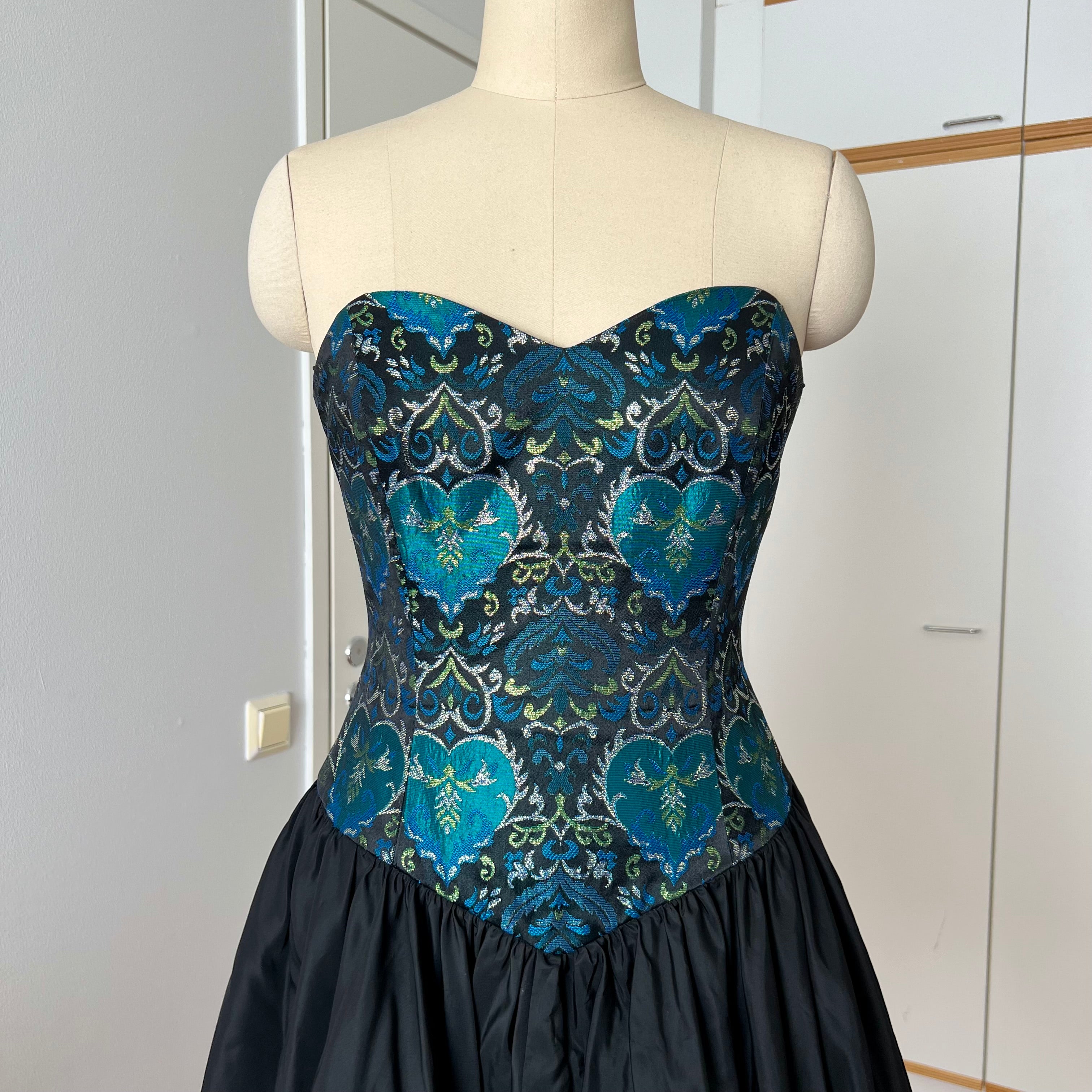 1980s Brocade Cocktail Party Dress-Metallic Teal Damask Strapless Cocktail Gown