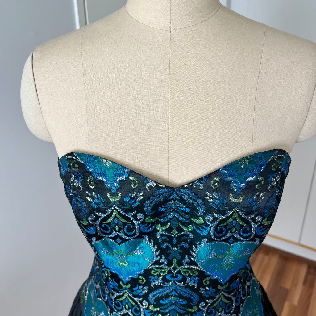 1980s Brocade Cocktail Party Dress-Metallic Teal Damask Strapless Cocktail Gown