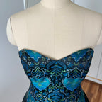 1980s Brocade Cocktail Party Dress-Metallic Teal Damask Strapless Cocktail Gown
