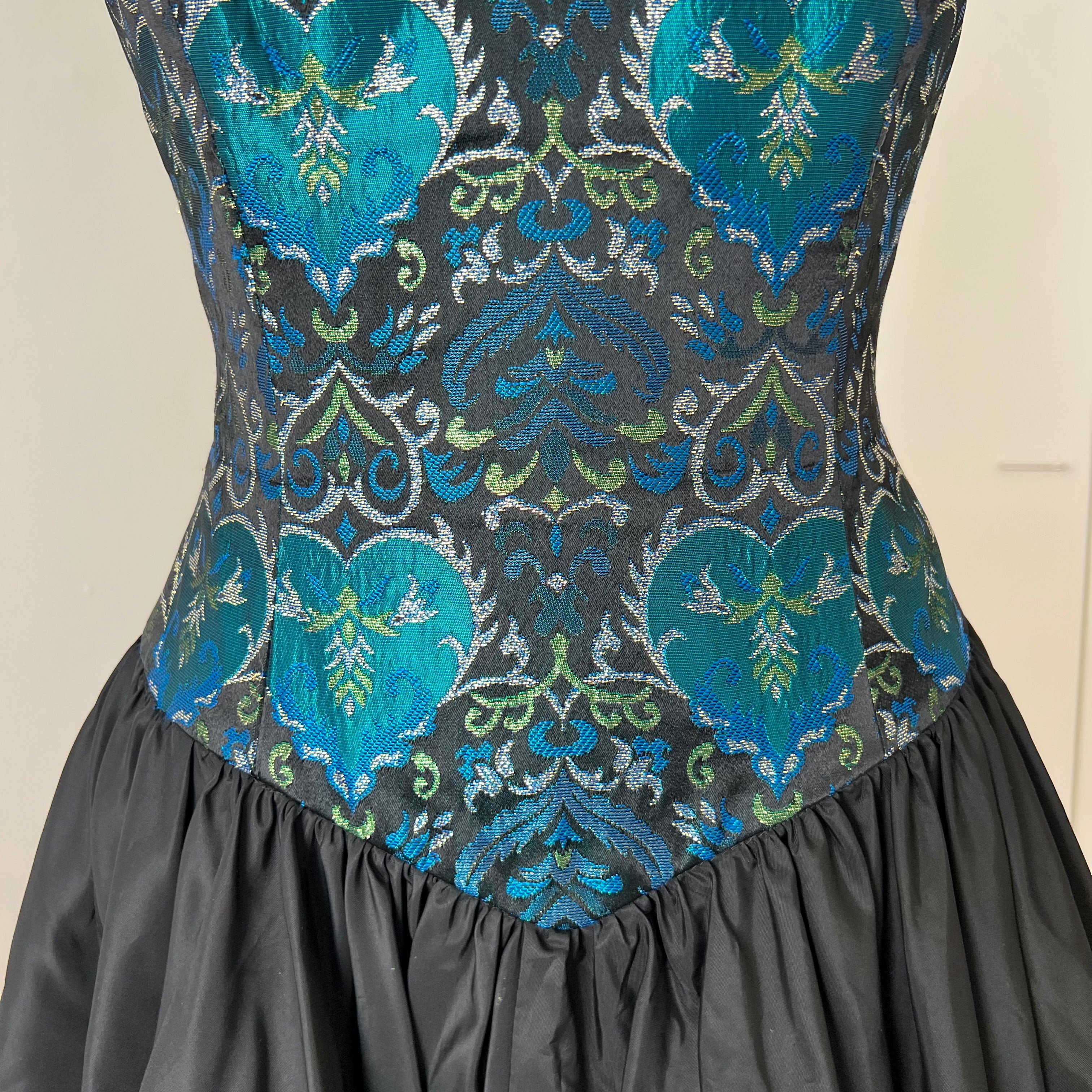1980s Brocade Cocktail Party Dress-Metallic Teal Damask Strapless Cocktail Gown
