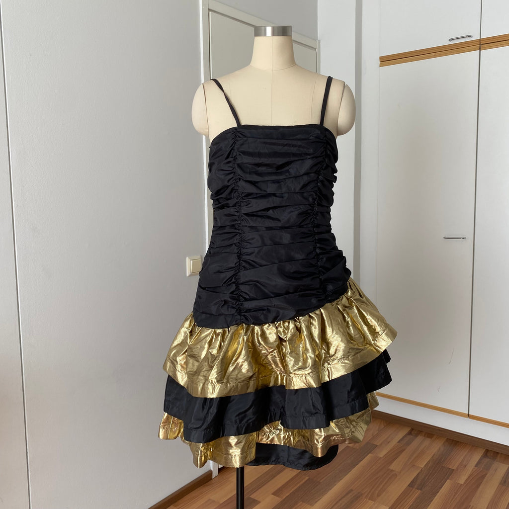 1980s YESSICA Ruffle Prom Party Dress-Spaghetti Straps Ruched Metallic Gown