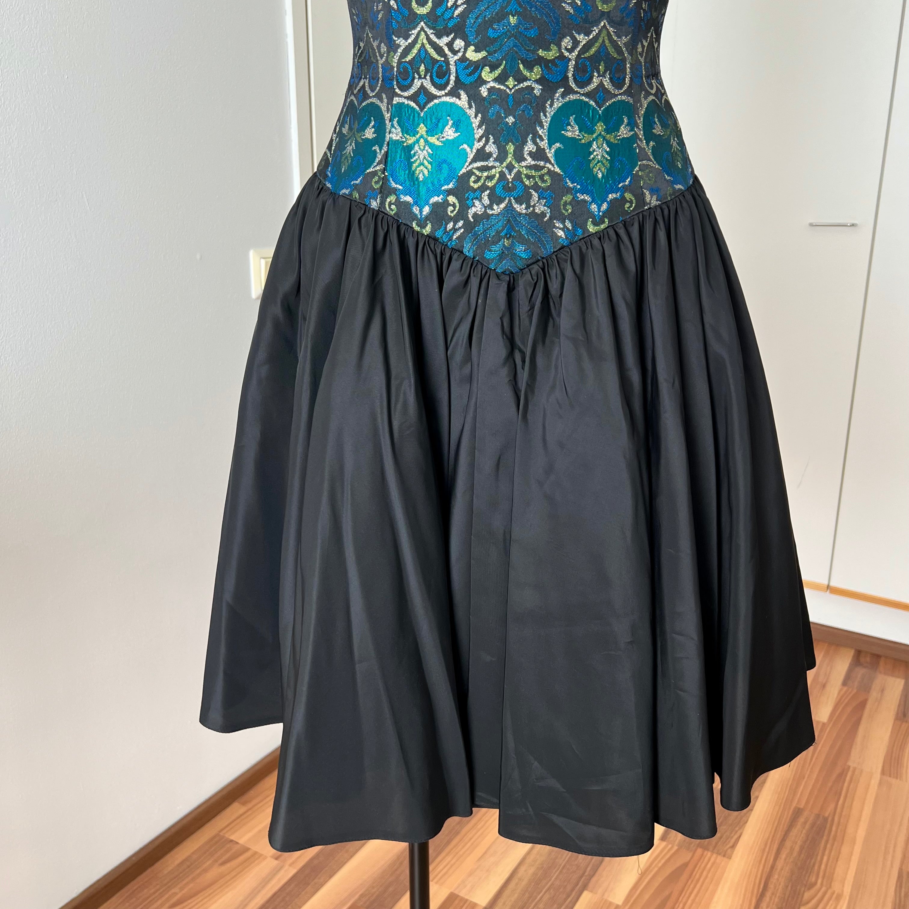 1980s Brocade Cocktail Party Dress-Metallic Teal Damask Strapless Cocktail Gown