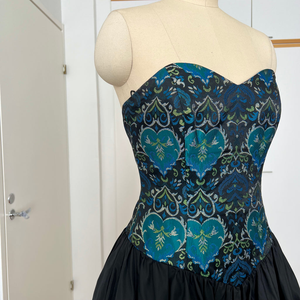 1980s Brocade Cocktail Party Dress-Metallic Teal Damask Strapless Cocktail Gown