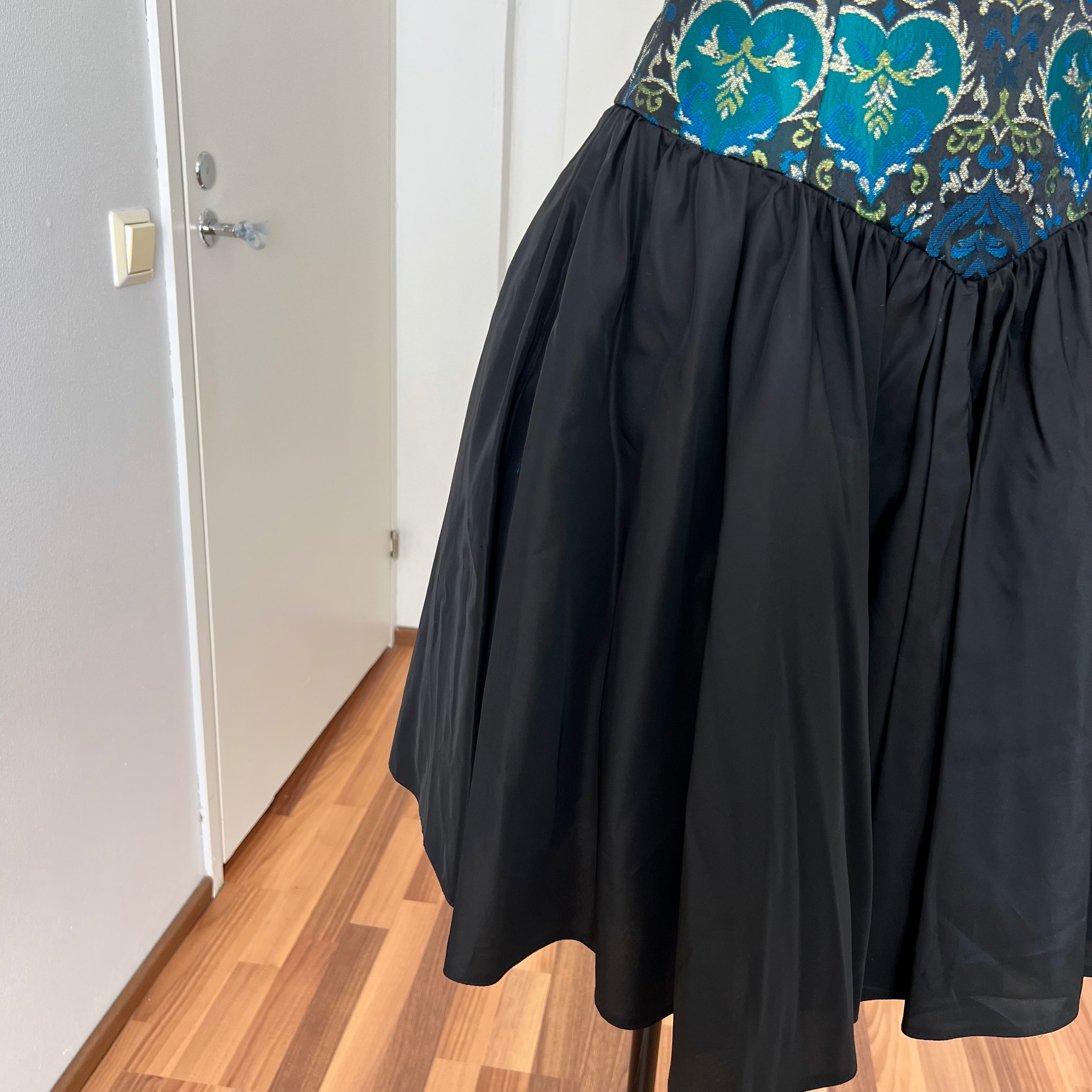 1980s Brocade Cocktail Party Dress-Metallic Teal Damask Strapless Cocktail Gown