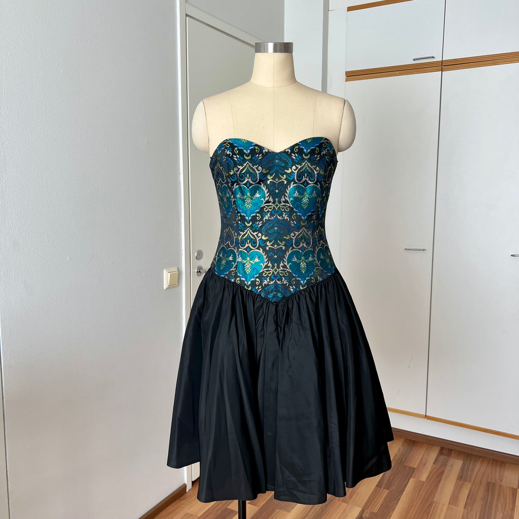 1980s Brocade Cocktail Party Dress-Metallic Teal Damask Strapless Cocktail Gown
