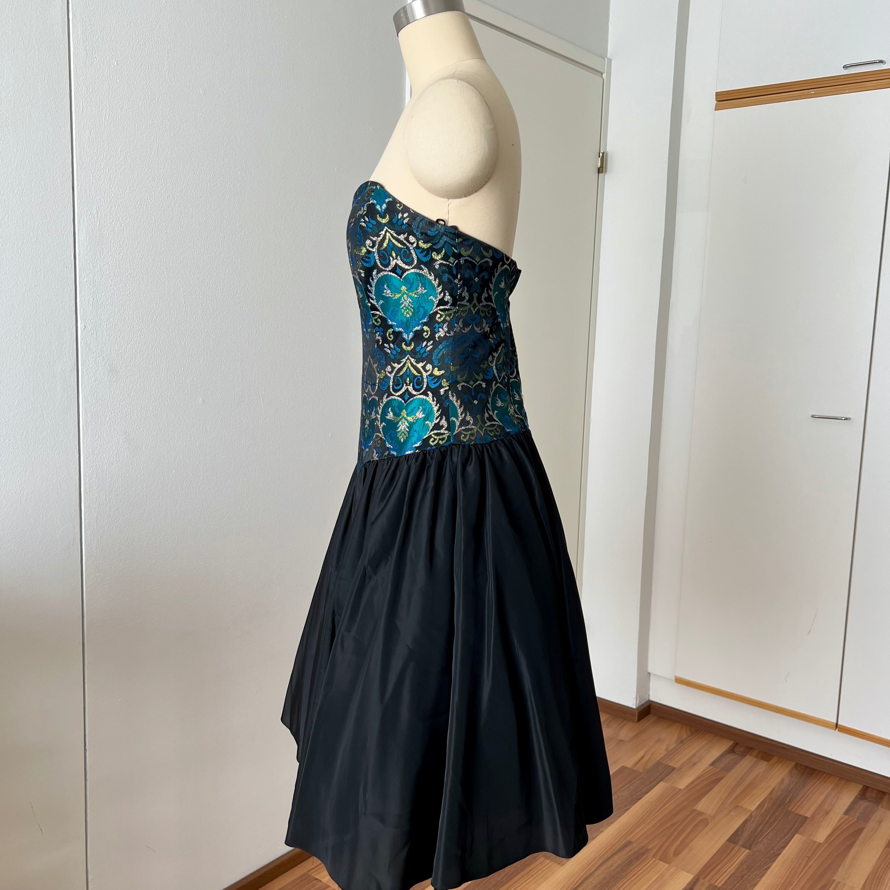 1980s Brocade Cocktail Party Dress-Metallic Teal Damask Strapless Cocktail Gown
