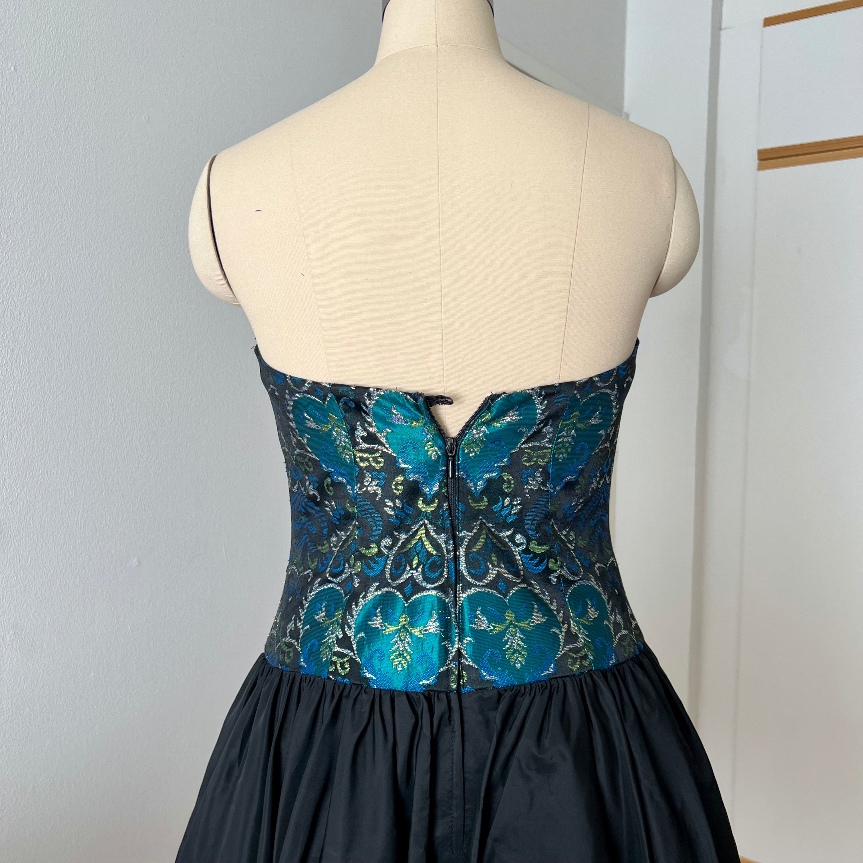 1980s Brocade Cocktail Party Dress-Metallic Teal Damask Strapless Cocktail Gown