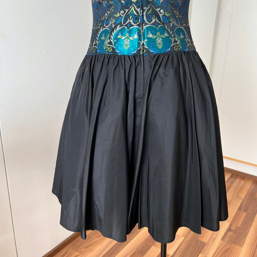 1980s Brocade Cocktail Party Dress-Metallic Teal Damask Strapless Cocktail Gown