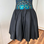1980s Brocade Cocktail Party Dress-Metallic Teal Damask Strapless Cocktail Gown