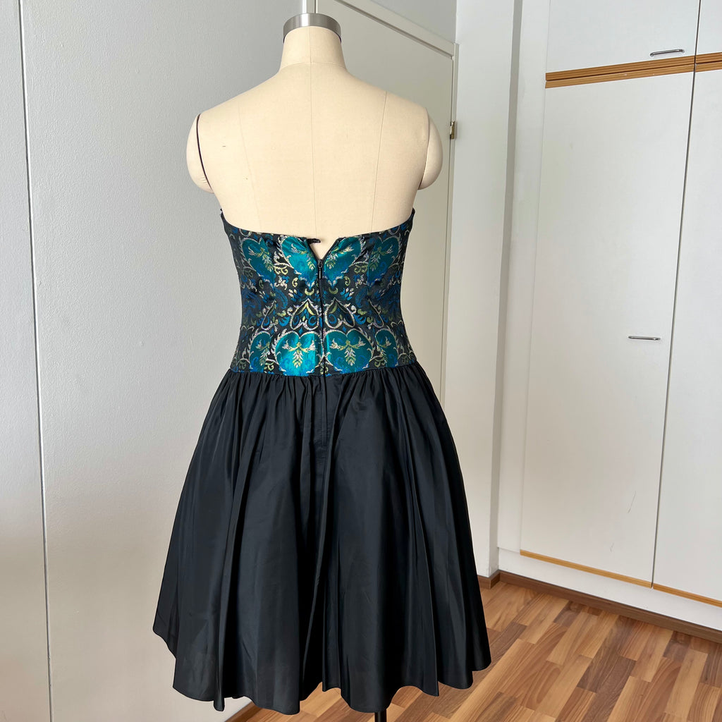 1980s Brocade Cocktail Party Dress-Metallic Teal Damask Strapless Cocktail Gown