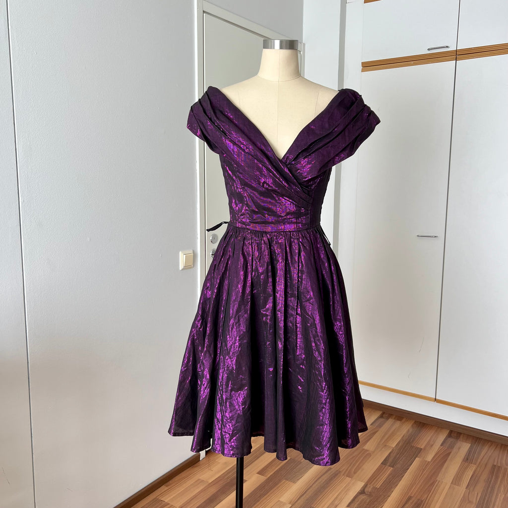 1980s Purple Lame Cocktail Dress-Metallic Cotton Blend Pleated Gown-