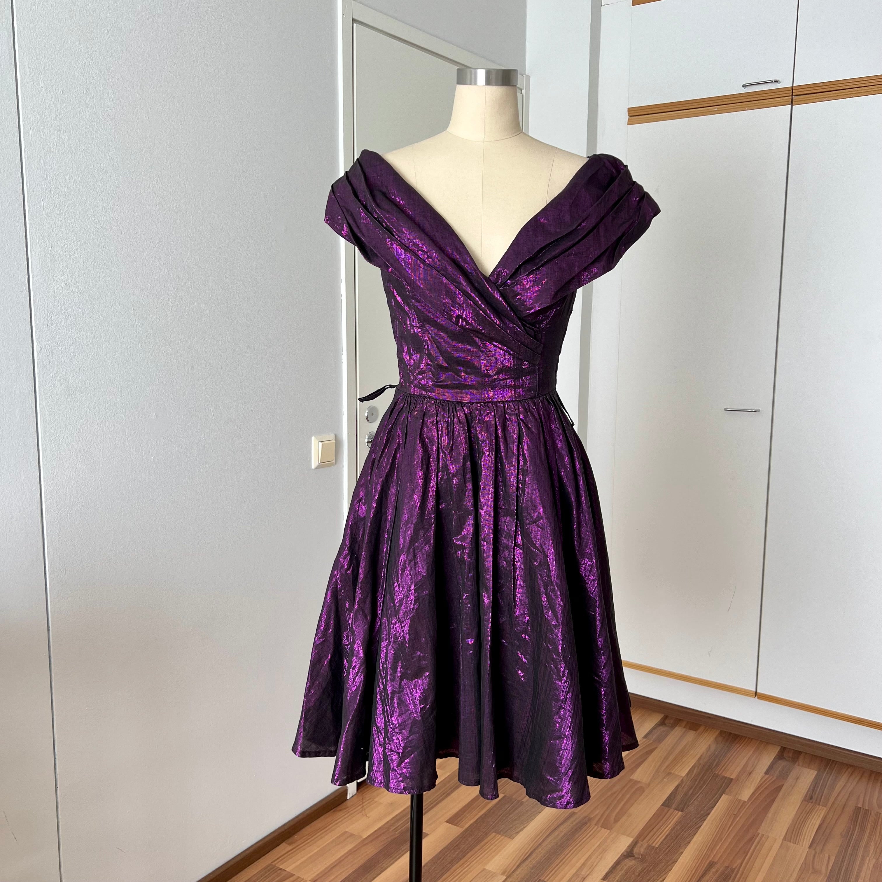 1980s Purple Lame Cocktail Dress-Metallic Cotton Blend Pleated Gown-