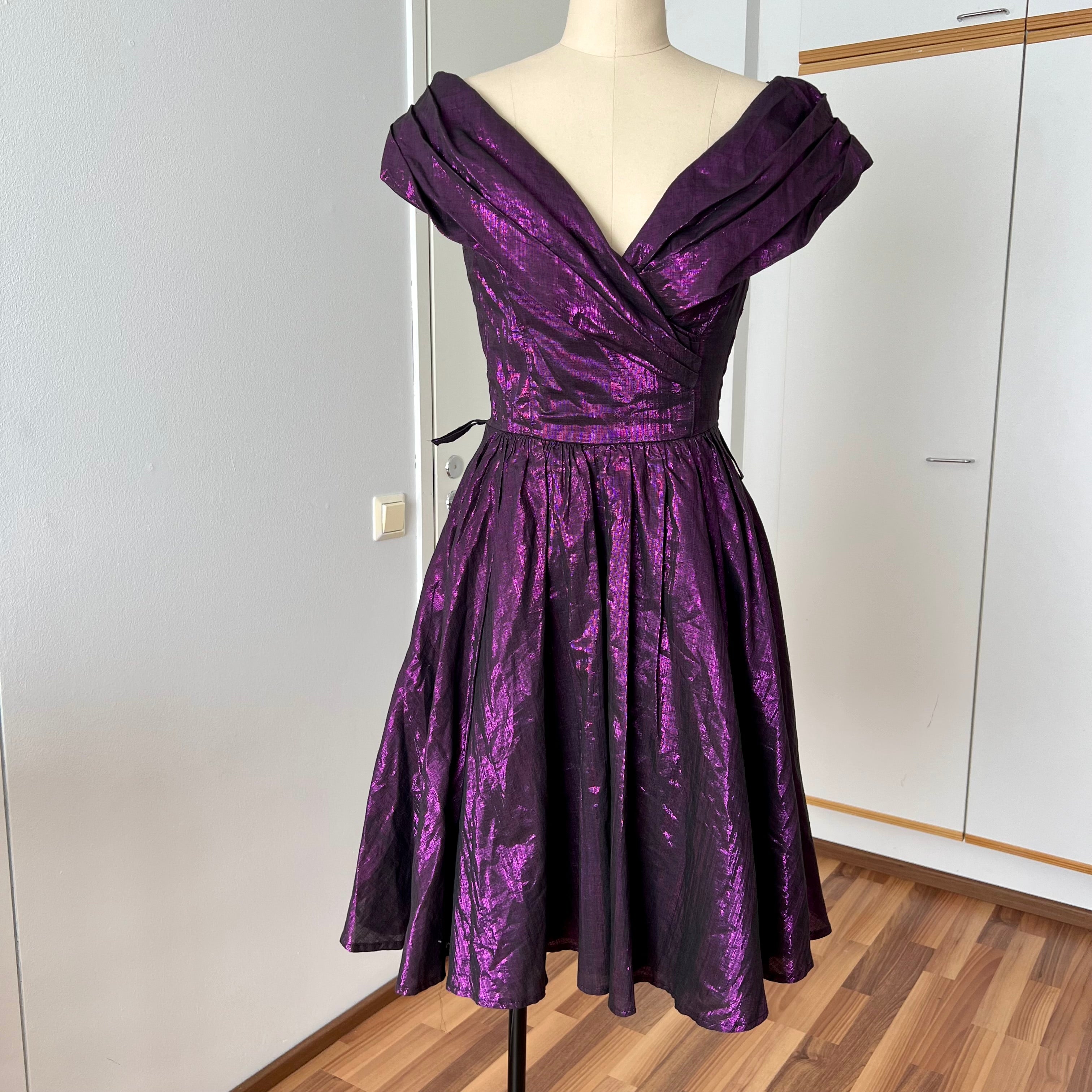 1980s Purple Lame Cocktail Dress-Metallic Cotton Blend Pleated Gown Off Shoulder