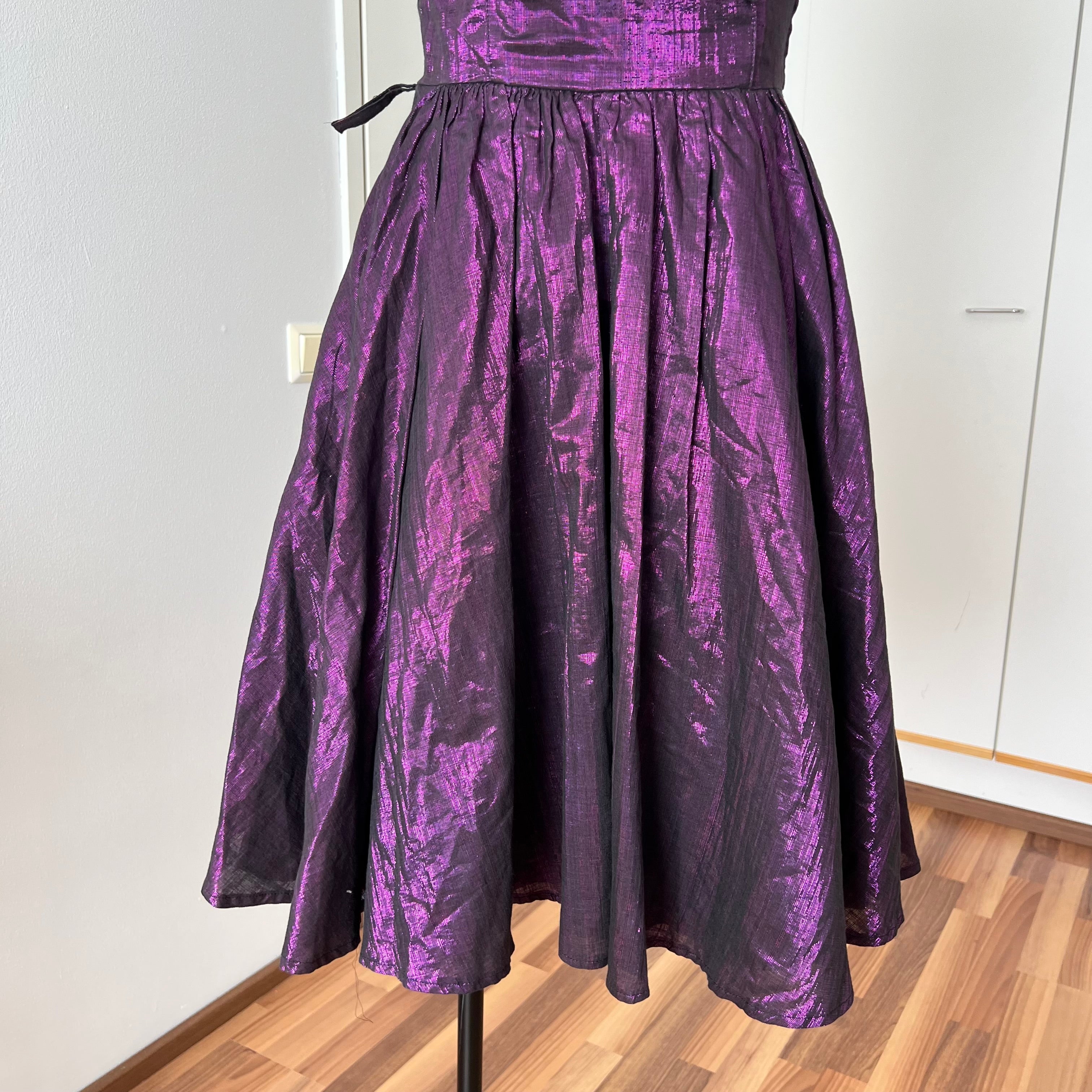 1980s Purple Lame Cocktail Dress-Metallic Cotton Blend Pleated Gown Off Shoulder