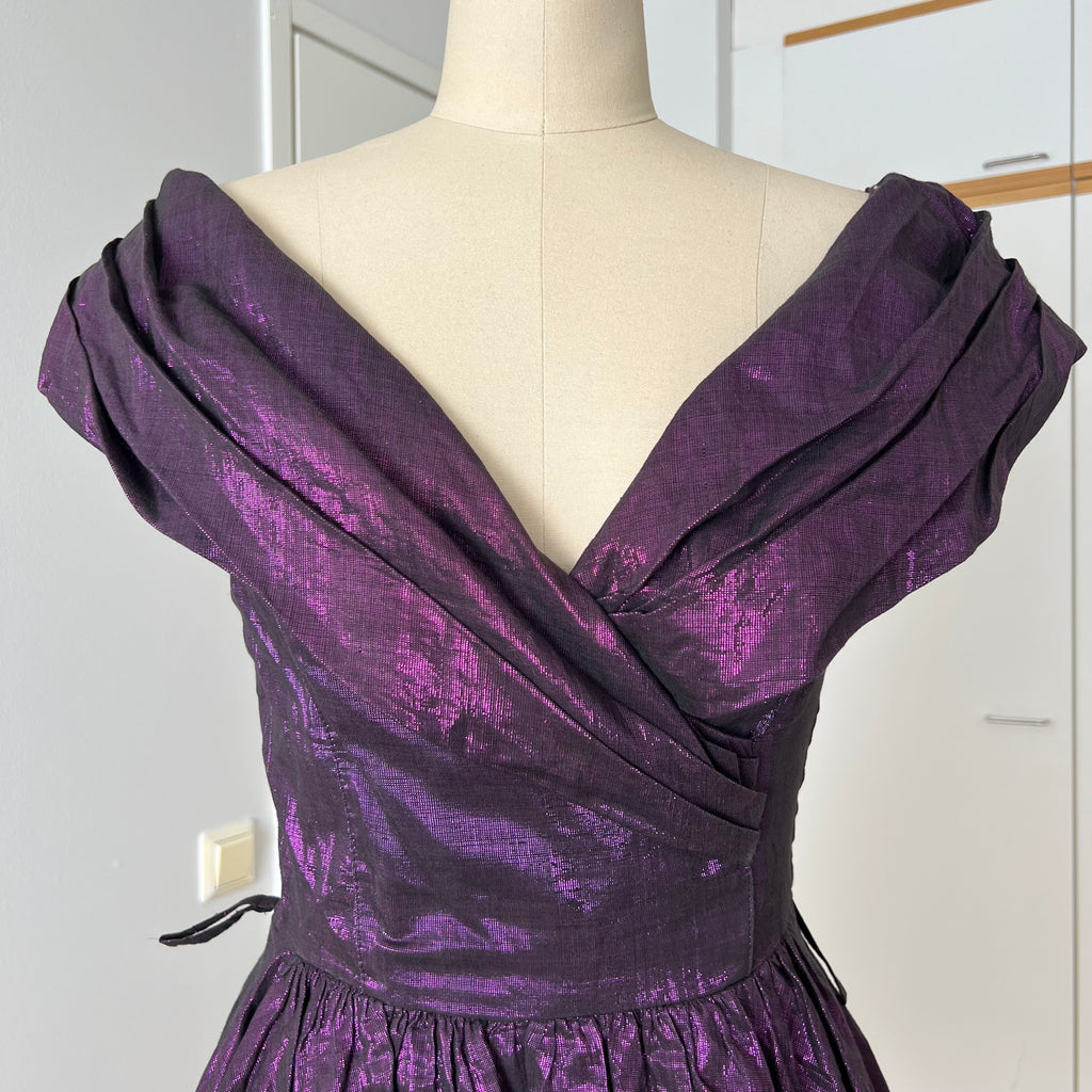 1980s Purple Lame Cocktail Dress-Metallic Cotton Blend Pleated Gown Off Shoulder