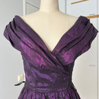 1980s Purple Lame Cocktail Dress-Metallic Cotton Blend Pleated Gown Off Shoulder