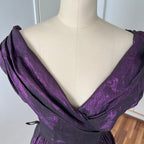 1980s Purple Lame Cocktail Dress-Metallic Cotton Blend Pleated Gown Off Shoulder