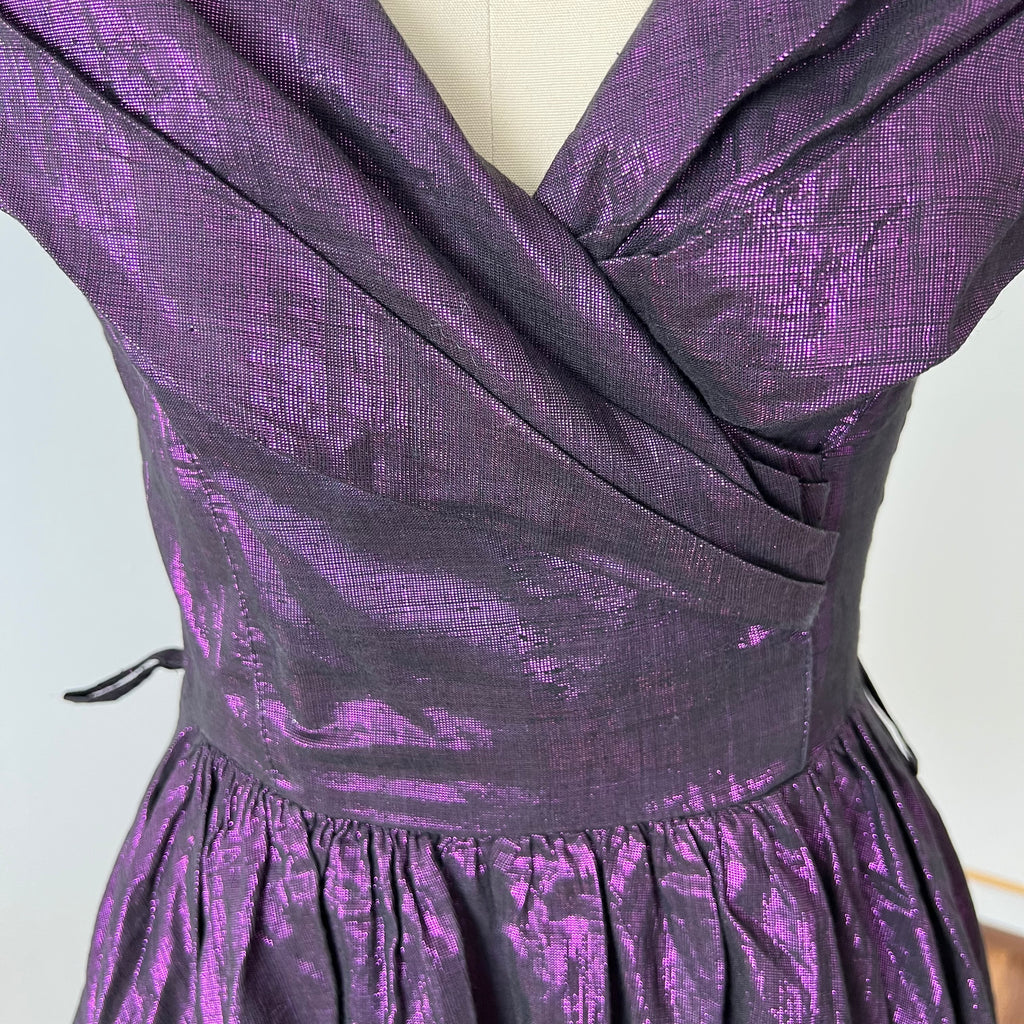 1980s Purple Lame Cocktail Dress-Metallic Cotton Blend Pleated Gown Off Shoulder