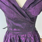 1980s Purple Lame Cocktail Dress-Metallic Cotton Blend Pleated Gown Off Shoulder