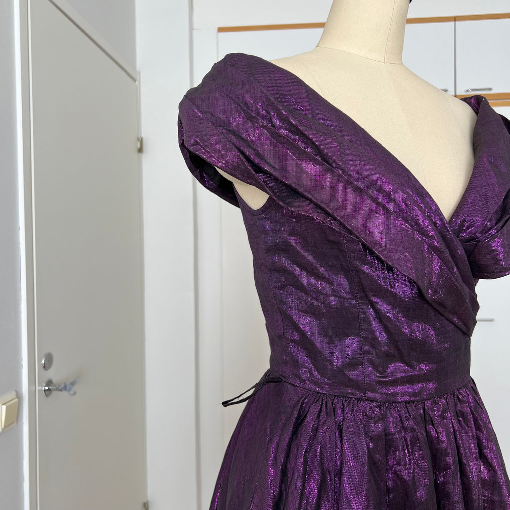 1980s Purple Lame Cocktail Dress-Metallic Cotton Blend Pleated Gown Off Shoulder