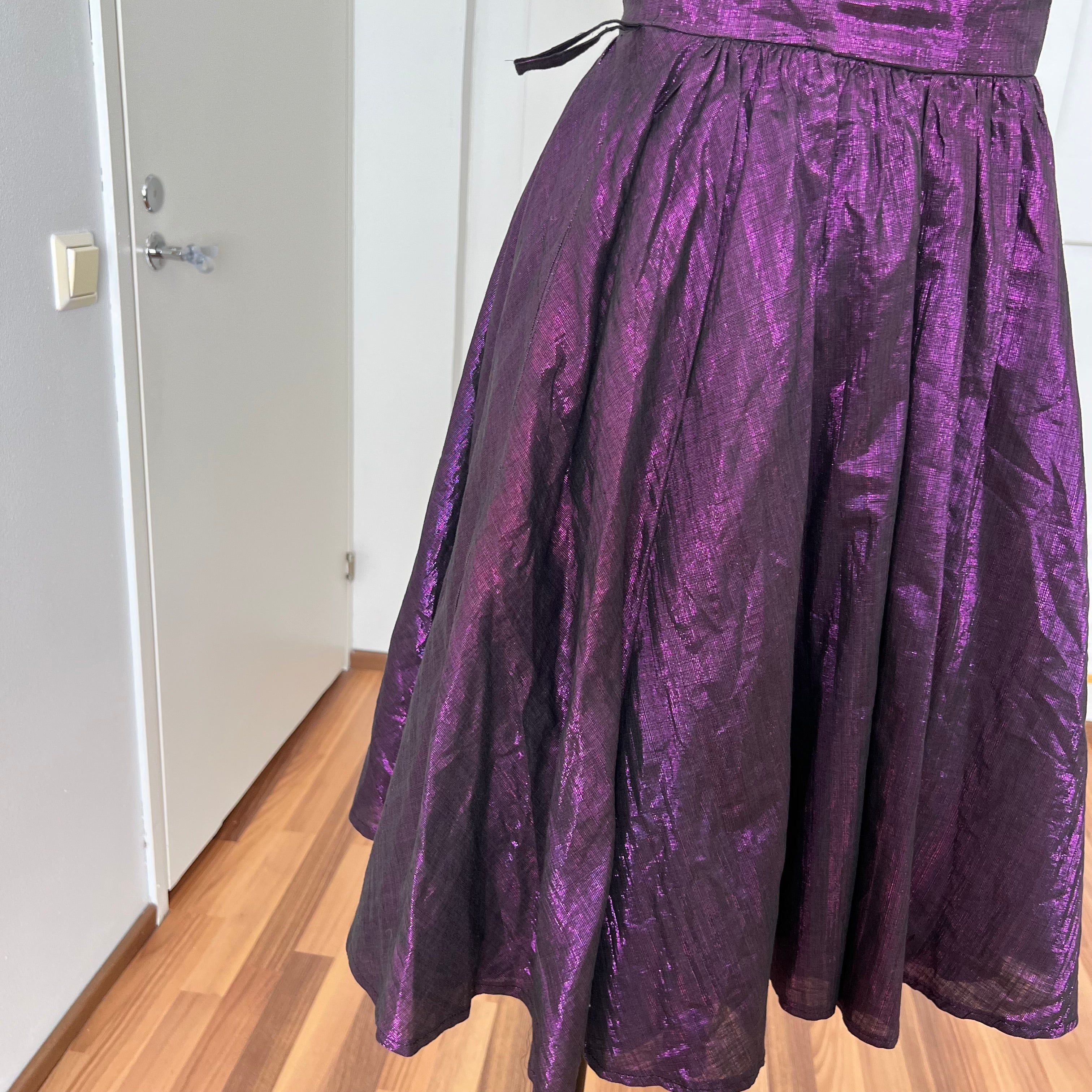 1980s Purple Lame Cocktail Dress-Metallic Cotton Blend Pleated Gown Off Shoulder