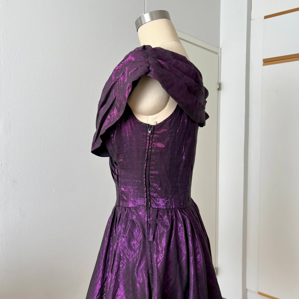 1980s Purple Lame Cocktail Dress-Metallic Cotton Blend Pleated Gown Off Shoulder