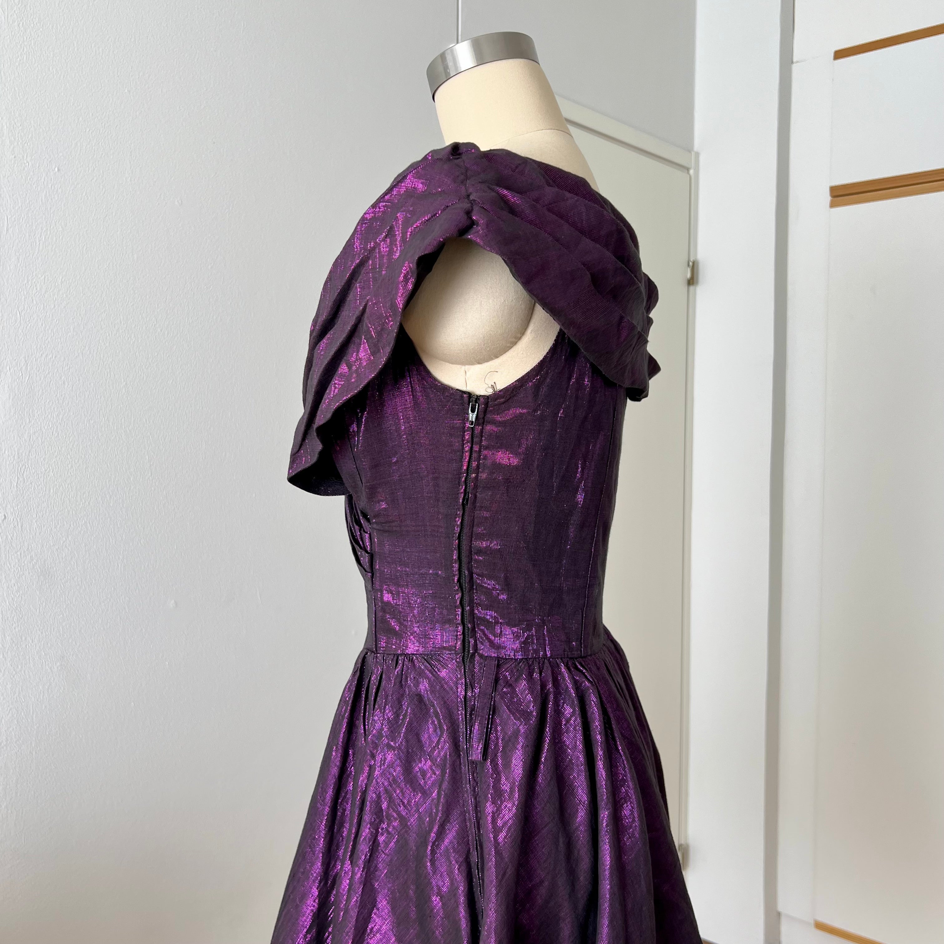 1980s Purple Lame Cocktail Dress-Metallic Cotton Blend Pleated Gown Off Shoulder