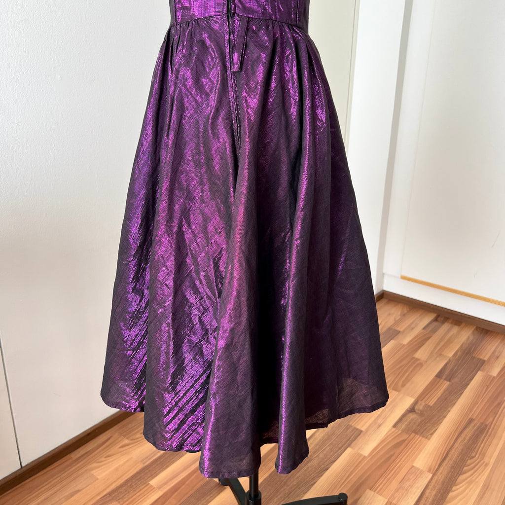 1980s Purple Lame Cocktail Dress-Metallic Cotton Blend Pleated Gown Off Shoulder