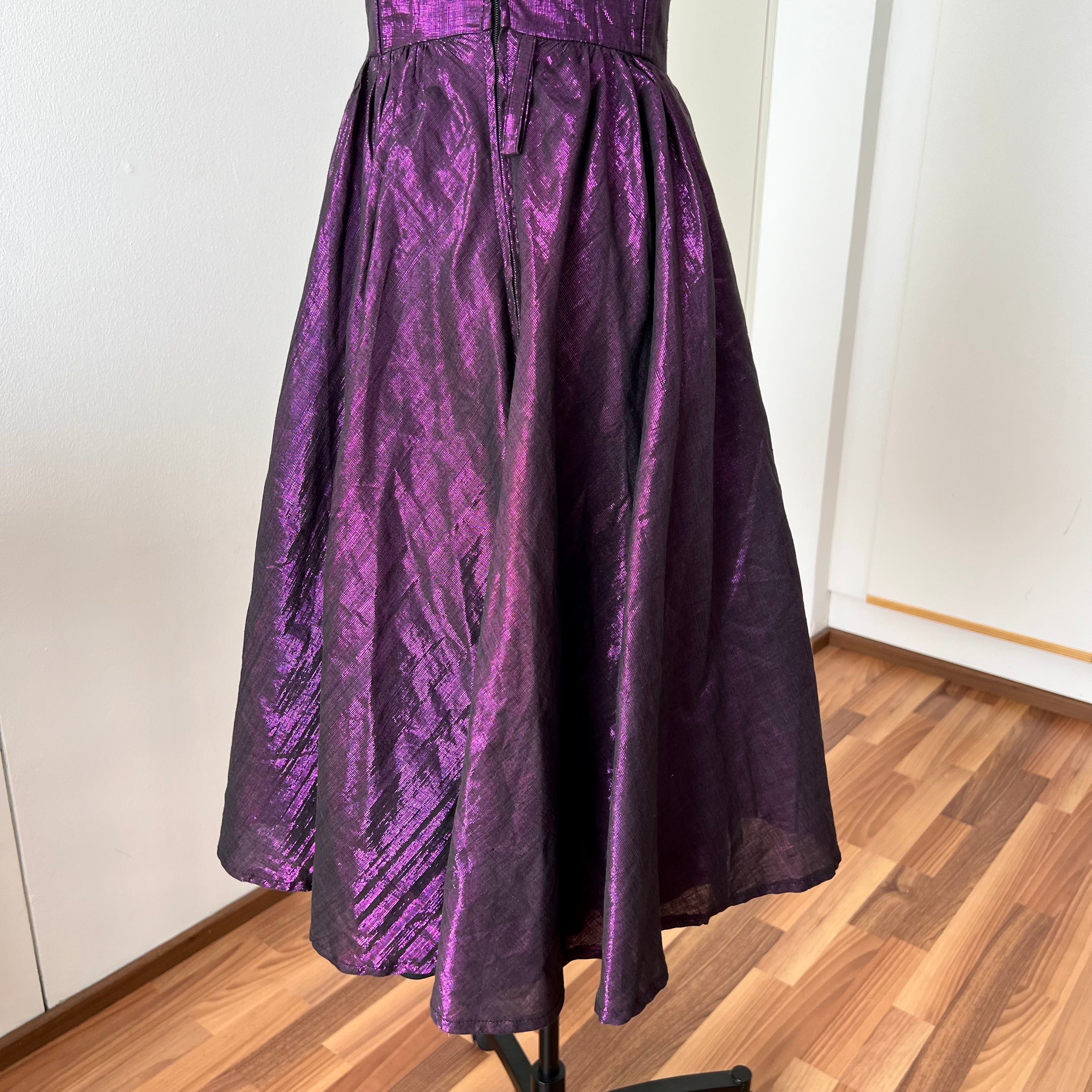 1980s Purple Lame Cocktail Dress-Metallic Cotton Blend Pleated Gown Off Shoulder